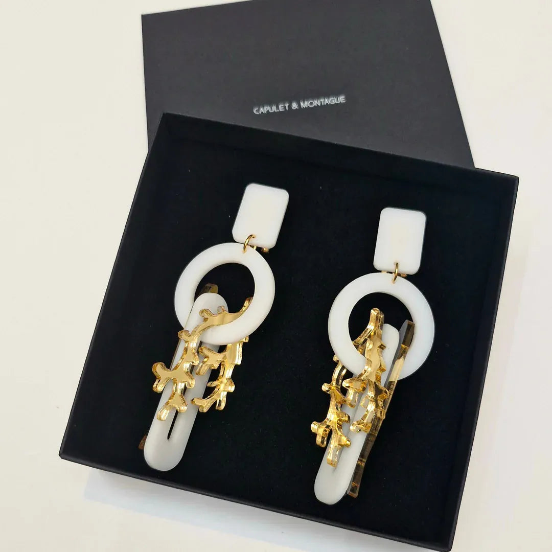 Capulet & Montague Earrings Statement Charm Earrings | White & Gold