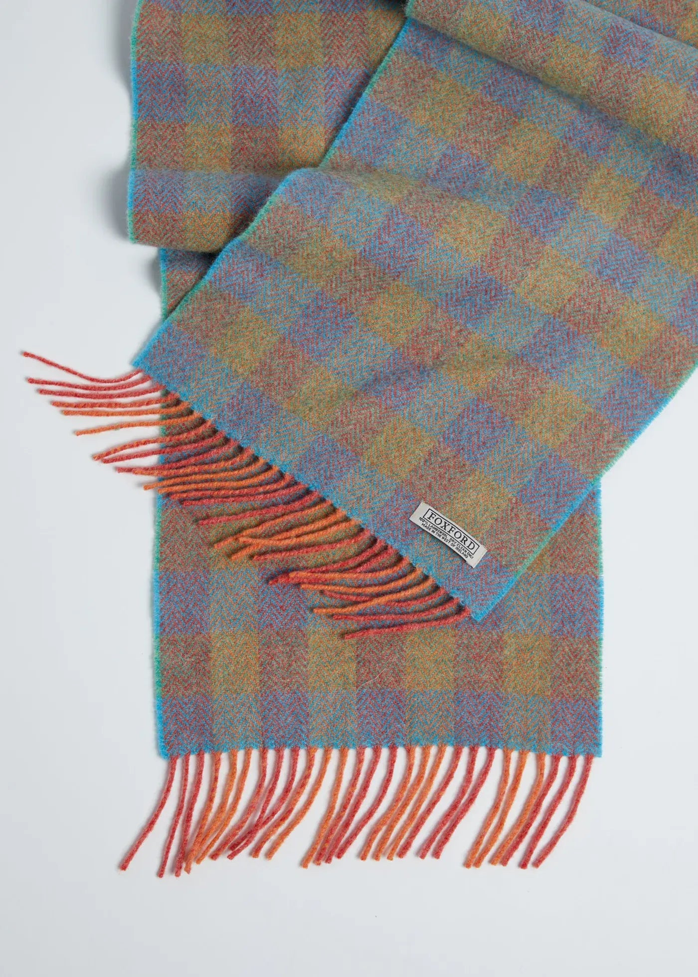 Foxford Scarves Scarf 100% Lambswool Scarf | Orange and Blue Check