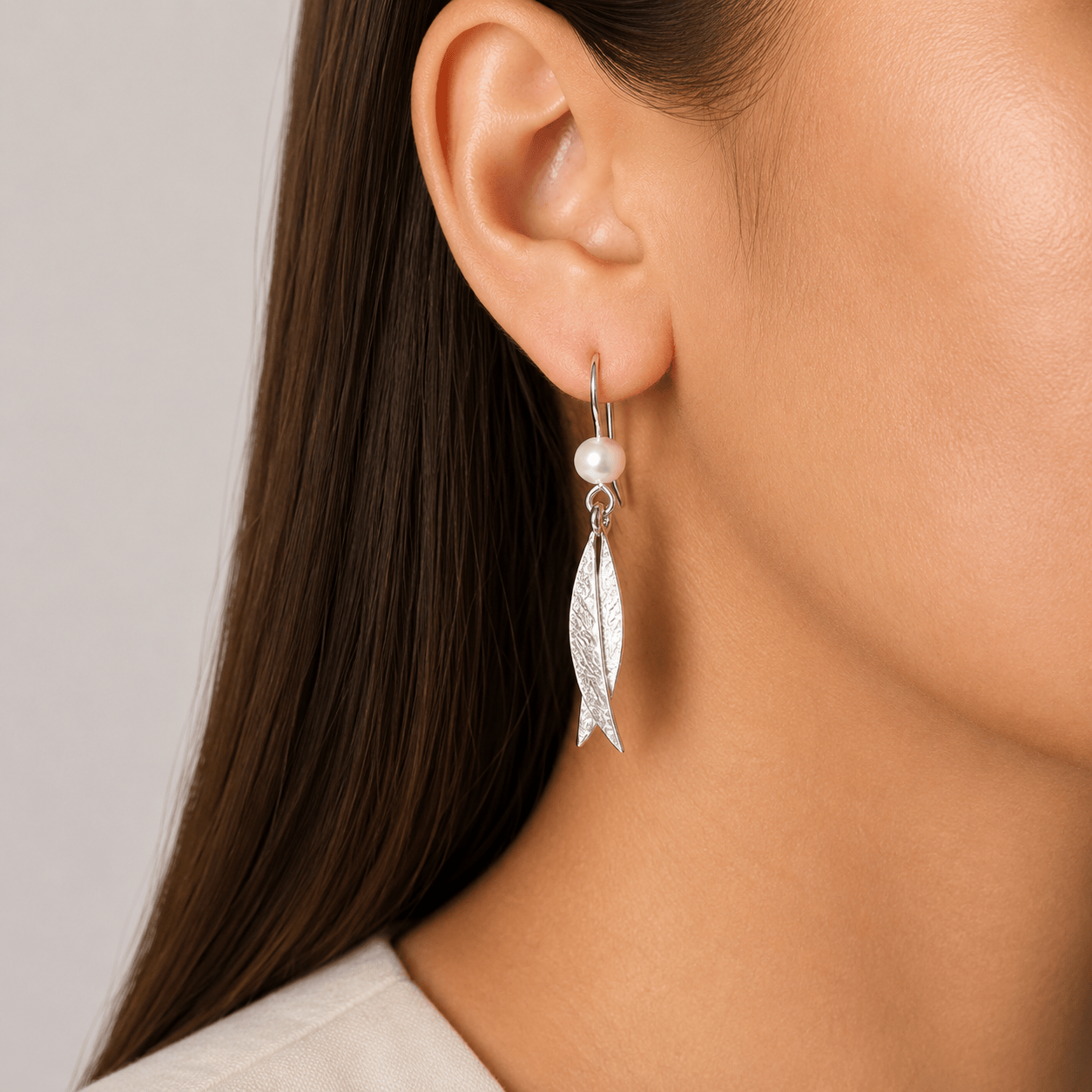Martina Hamilton Earrings Leaf | Sterling Silver and Pearl Double Drop Earrings