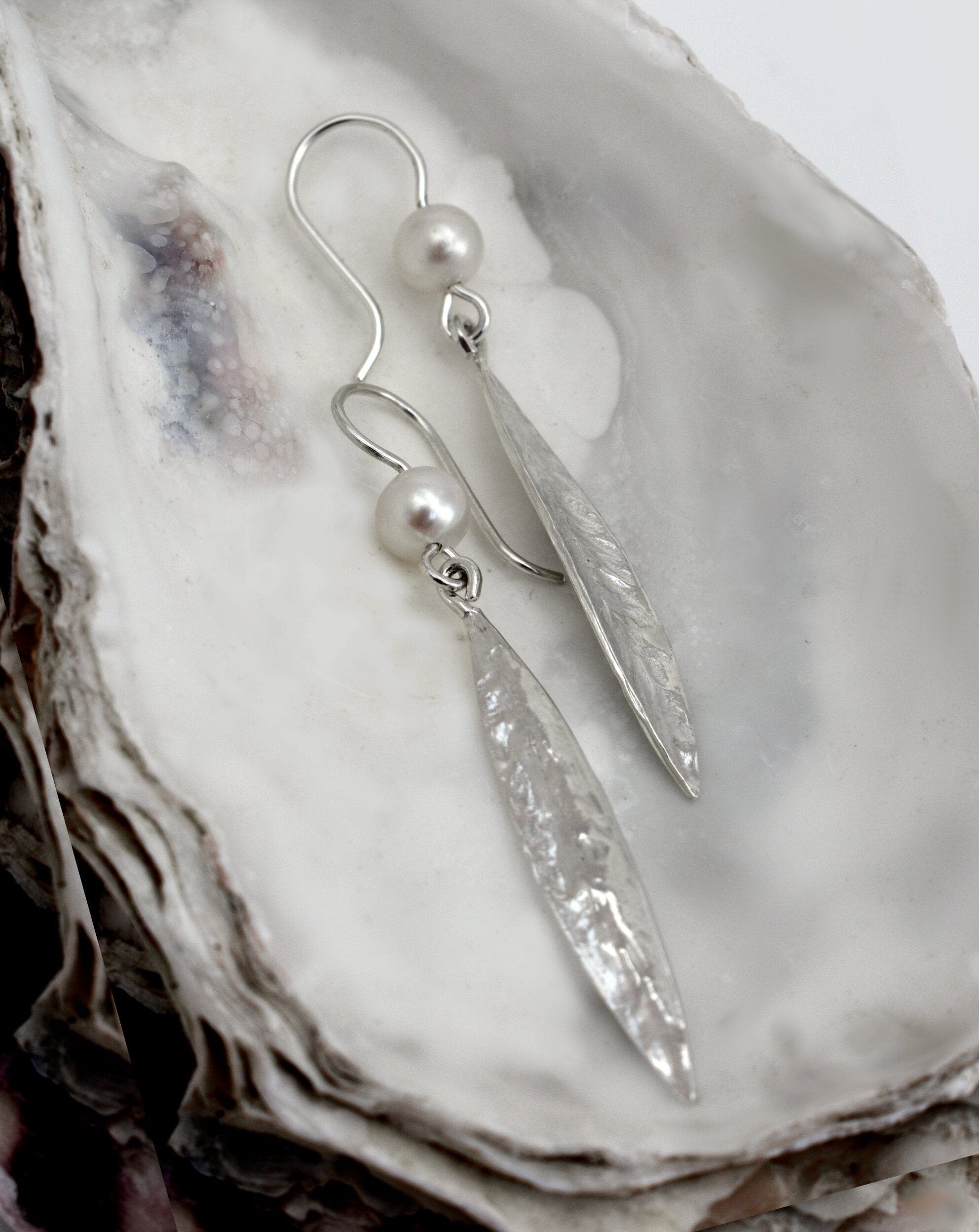 Martina Hamilton Earrings Leaf | Sterling Silver and Pearl Drop Earrings Large