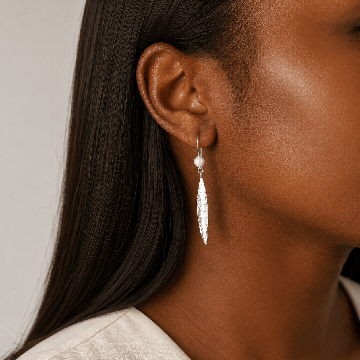 Martina Hamilton Earrings Leaf | Sterling Silver and Pearl Drop Earrings Large