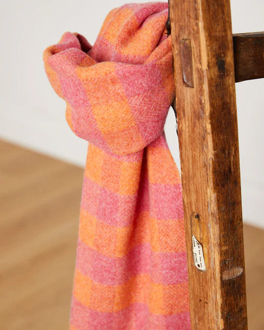 100% Lambswool Scarf | Orange and Pink Check