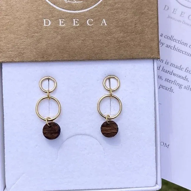 Deeca Design Circle Drop Studs |  Walnut & 14ct Gold Filled