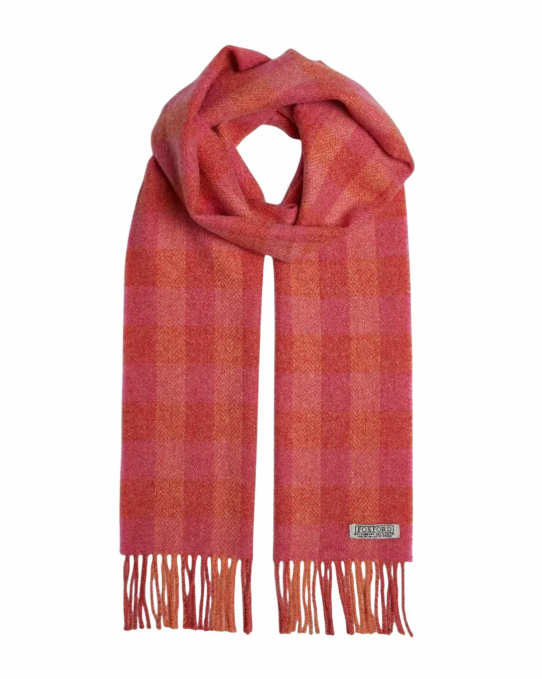 Foxford Scarves Scarf 100% Lambswool Scarf | Orange and Pink Check