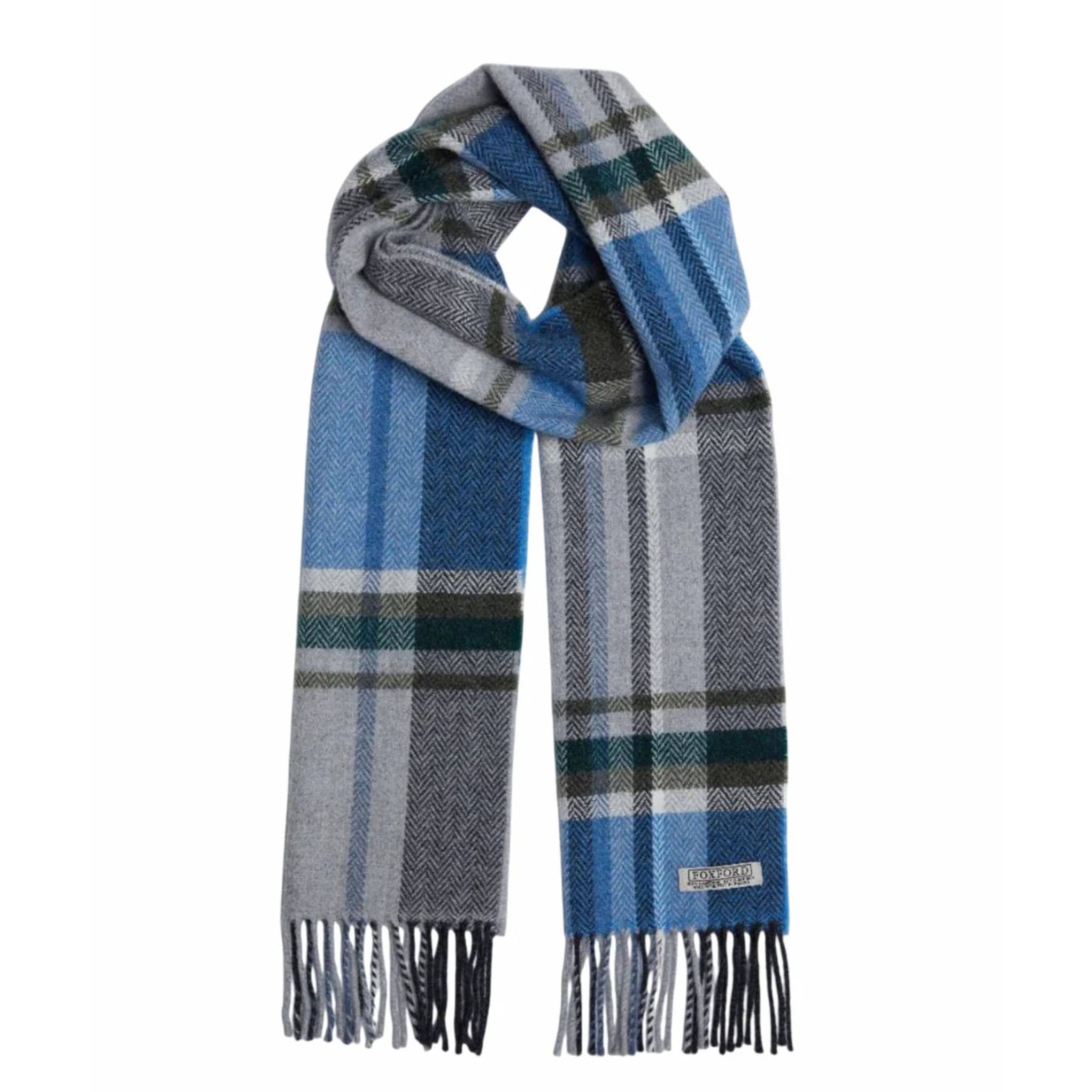 Foxford Scarves Throw 100% Lambswool Scarf | Blue & Grey Tartan