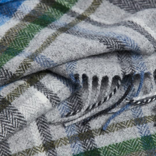 Foxford Scarves Throw 100% Lambswool Scarf | Blue & Grey Tartan