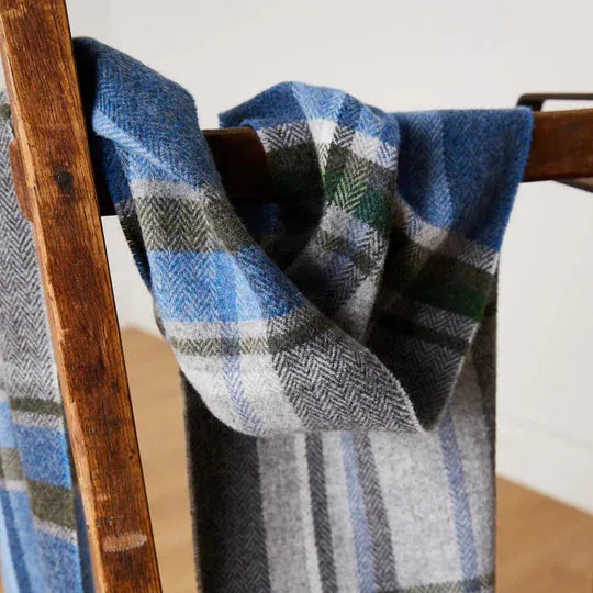 Foxford Scarves Throw 100% Lambswool Scarf | Blue & Grey Tartan
