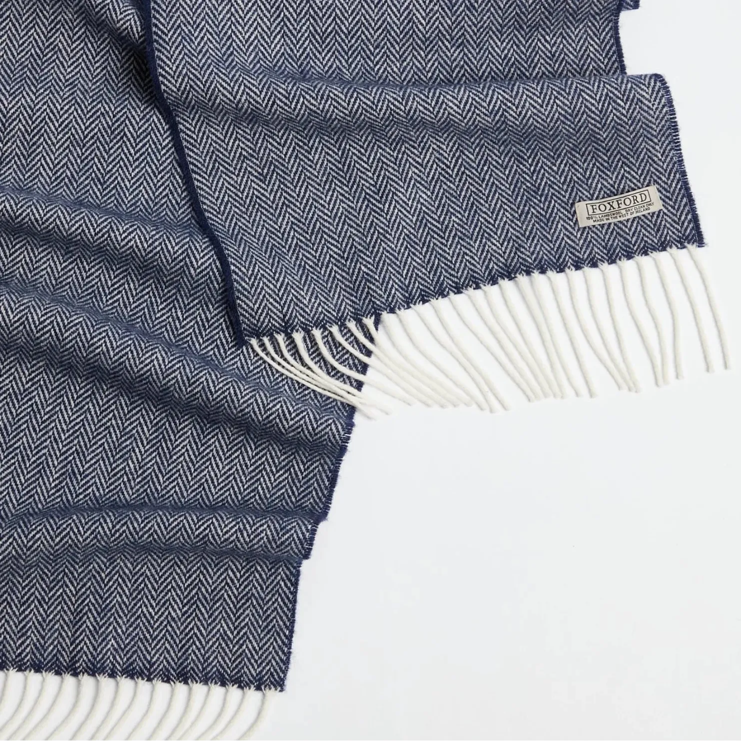 Foxford Scarves Throw 100% Lambswool Scarf | Navy Herringbone