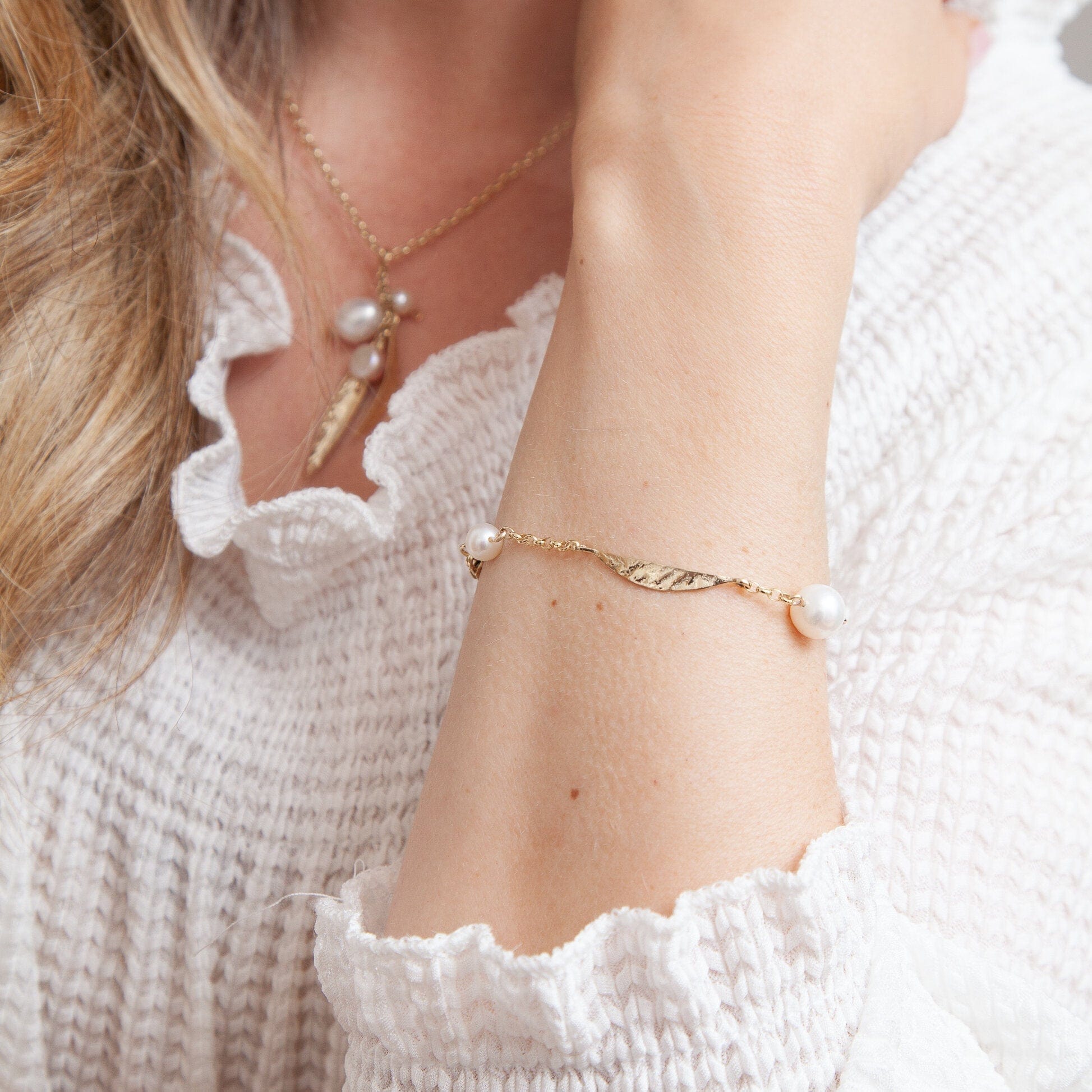 Martina Hamilton Bracelets/Bangles Leaf | 9ct Solid Gold and Pearl Bracelet