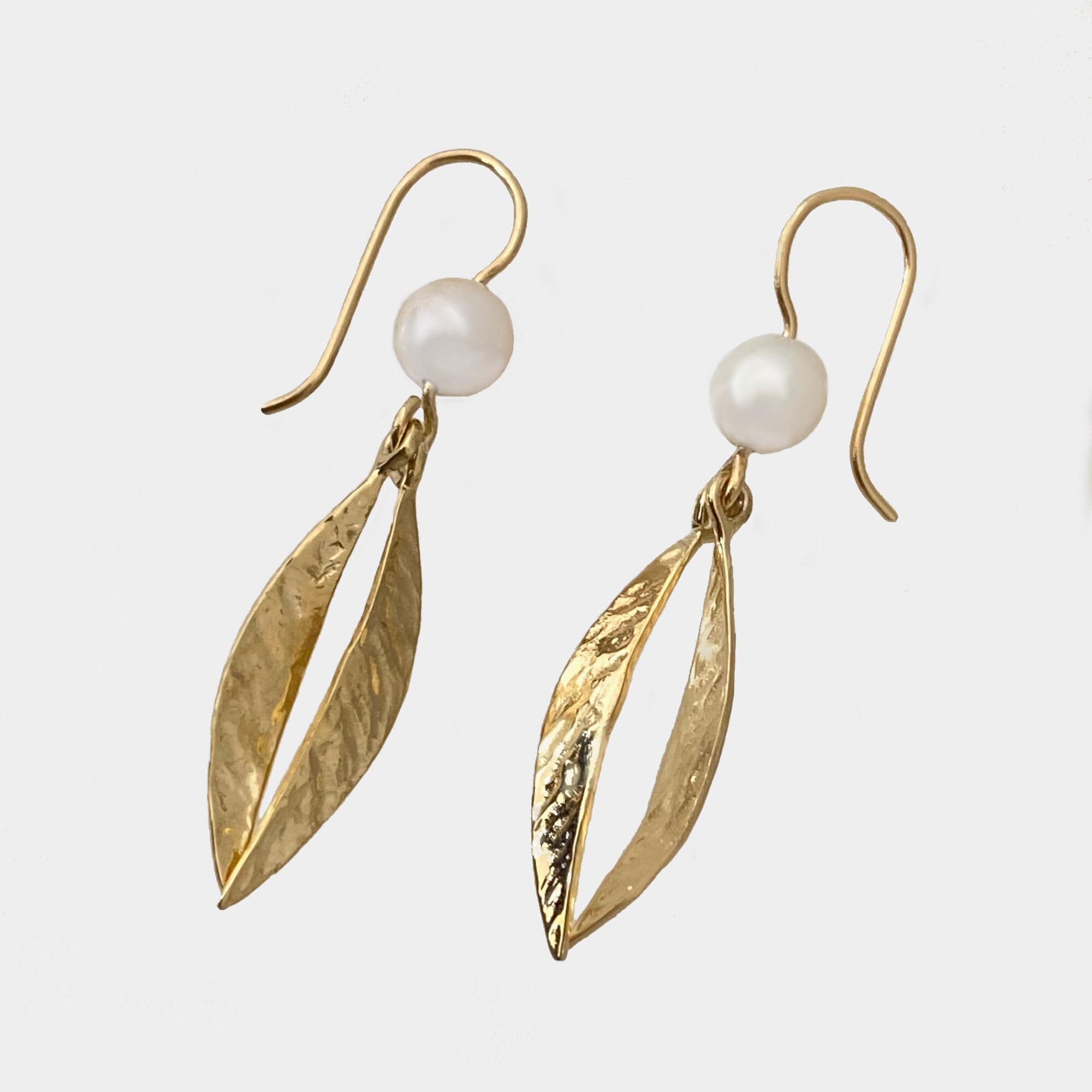 Martina Hamilton Earrings Leaf | 9ct Solid Gold and Pearl Double Drop Earrings