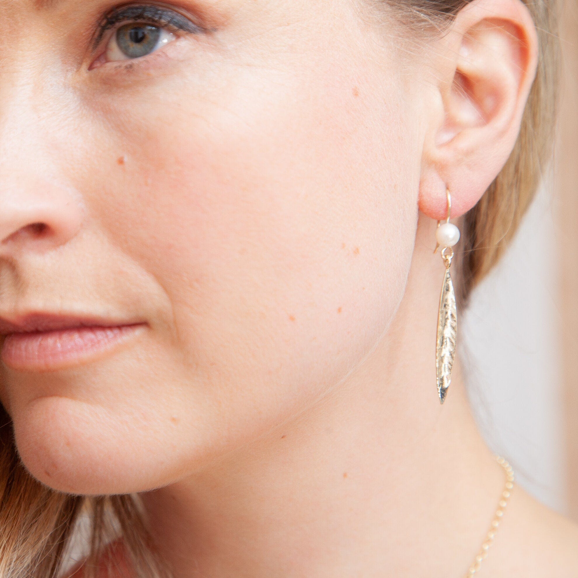 Martina Hamilton Earrings Leaf | 9ct Solid Gold and Pearl Drop Earrings Large