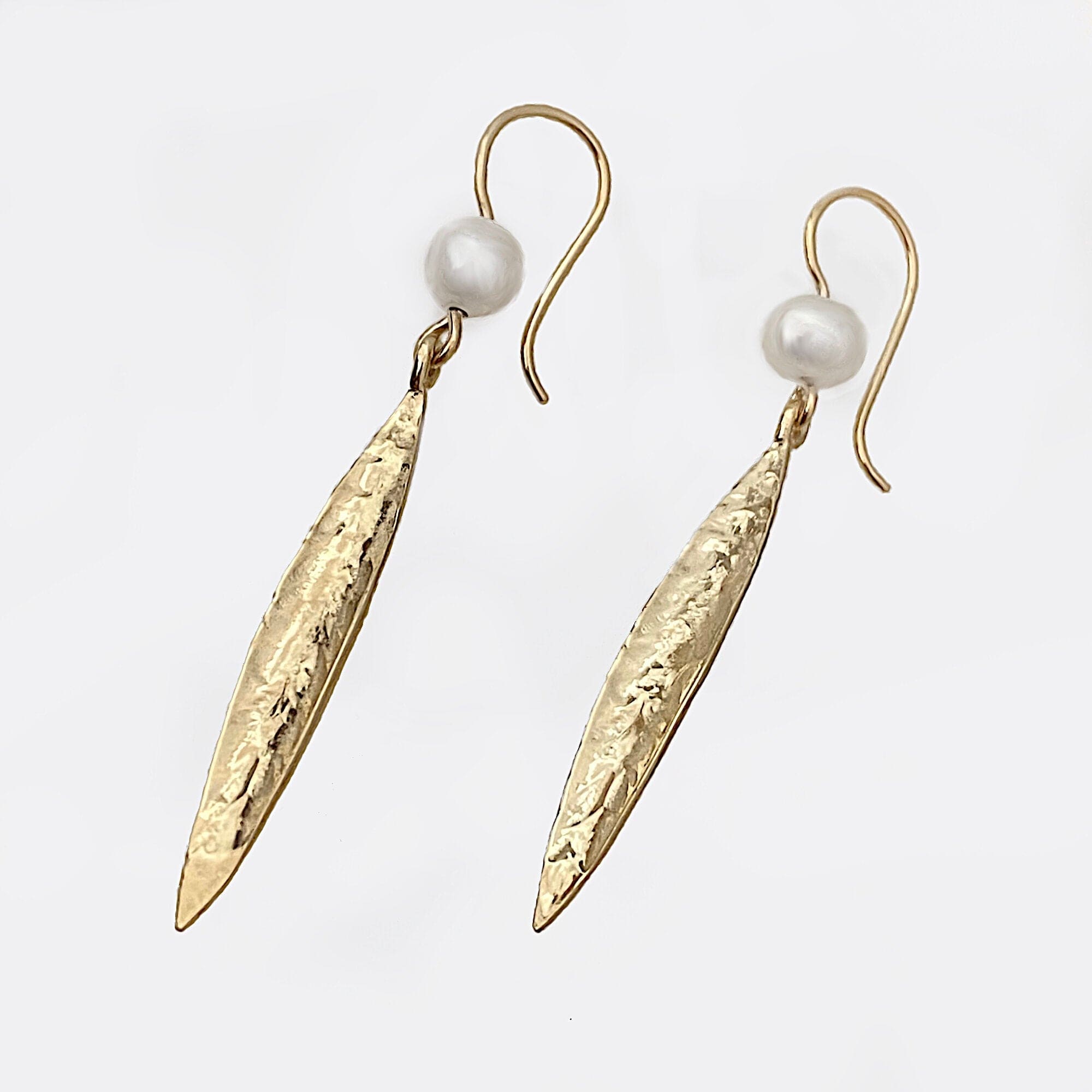 Martina Hamilton Earrings Leaf | 9ct Solid Gold and Pearl Drop Earrings Large