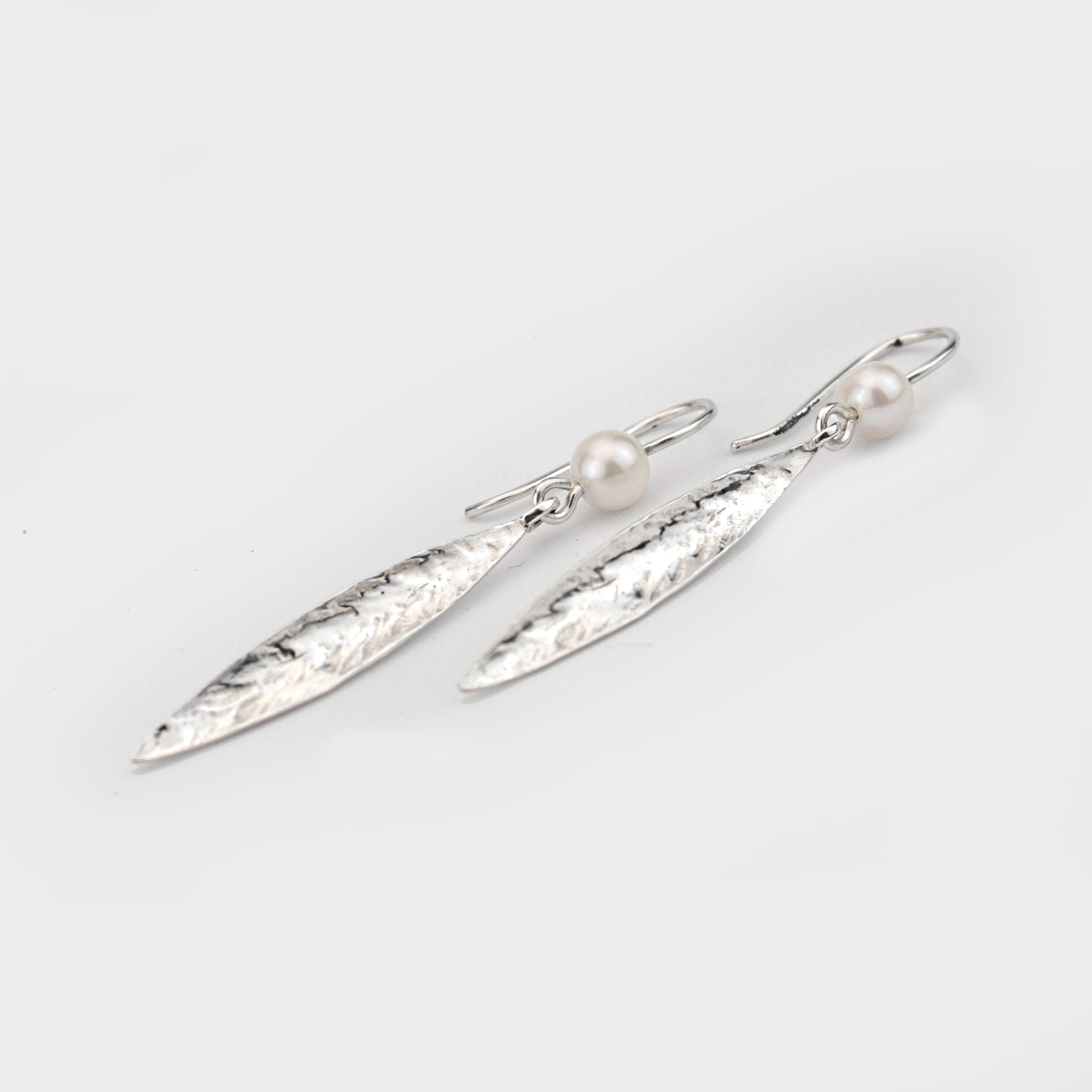 Martina Hamilton Earrings Leaf | Sterling Silver and Pearl Drop Earrings Large