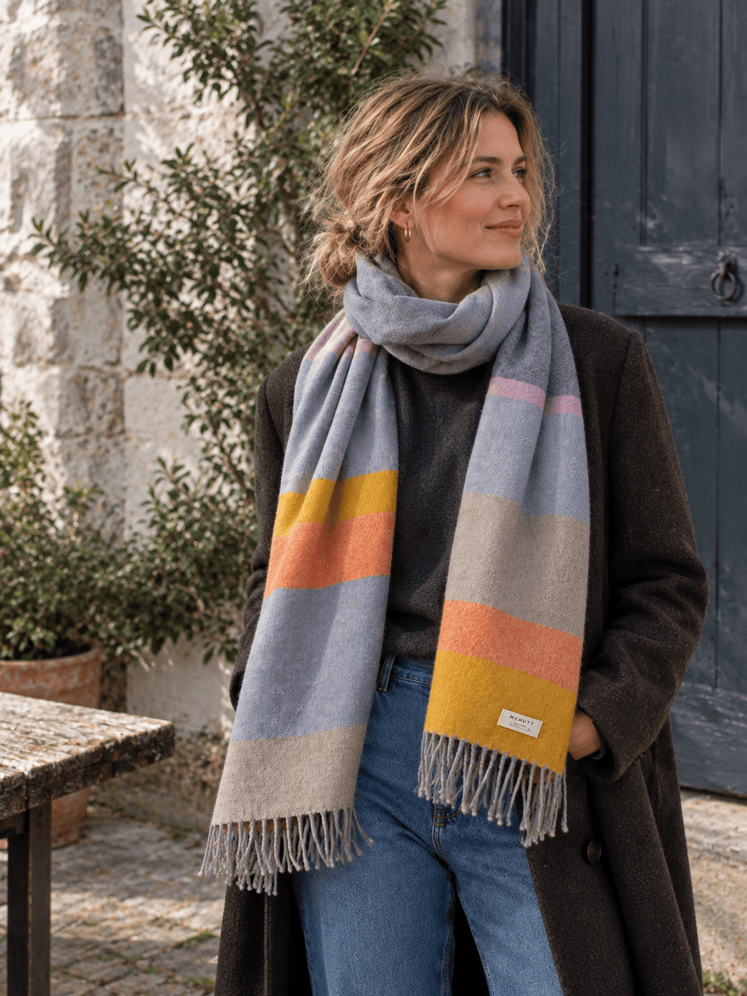McNutt Scarves Scarves Merino Lambswool Scarf | Grey Citrus Stripe